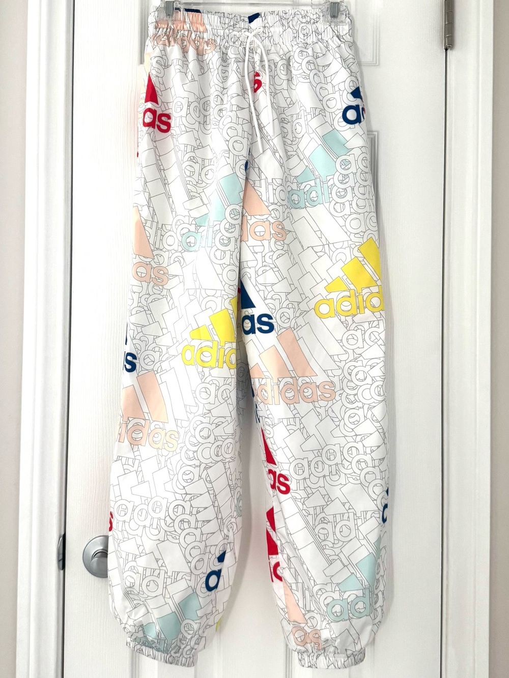 adidas White Graphic Logo Joggers with Multicolor Accents